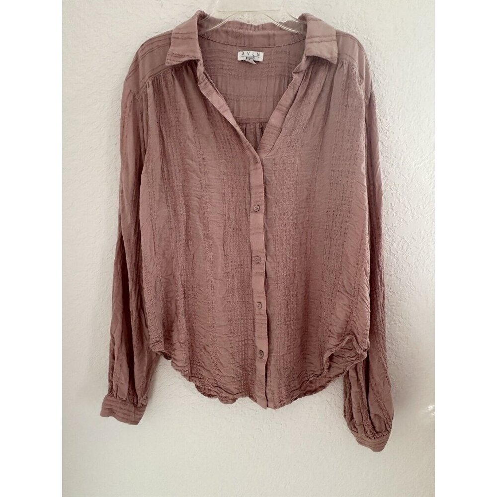 AVLN Studio Womens Shirt M Dusty Pink Rayon Button Up L/S Textured Feminine Work